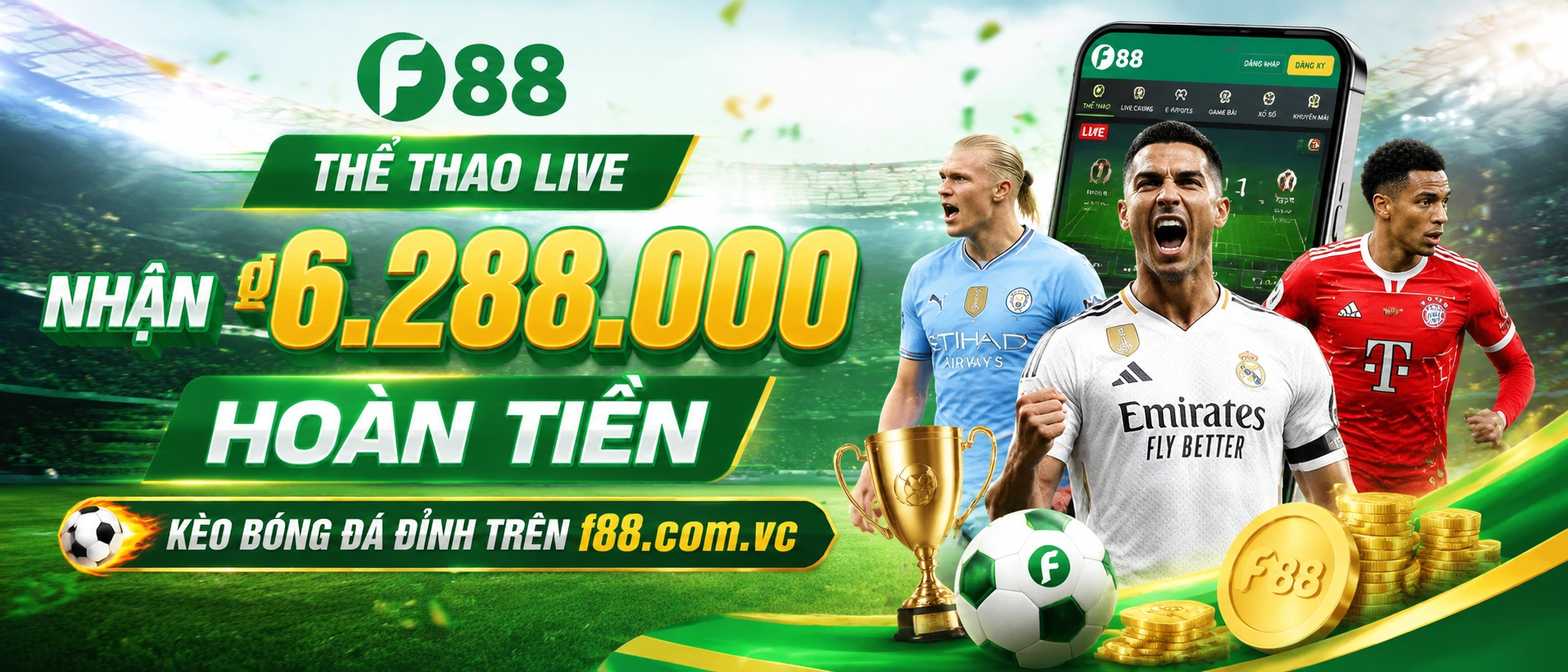 Giao diện thể thao F88 trên mobile với các khối nội dung nổi bật